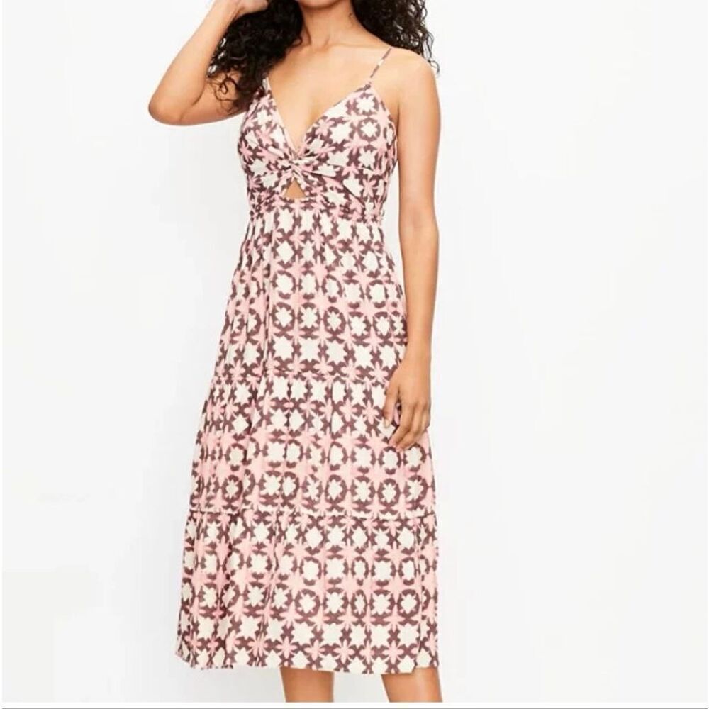 Loft Sunwashed Floral Twist Tiered Midi Dress brown/pink floral pattern 12 NWT